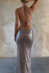 Halter Backless Irregular Cut Out Ruffle Sequin Pattern Bodycon Party Maxi Dresses Purple