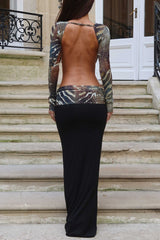 Plunging Neck Open Back Print Mesh Patchwork Maxi Dresses-Black Pre Order