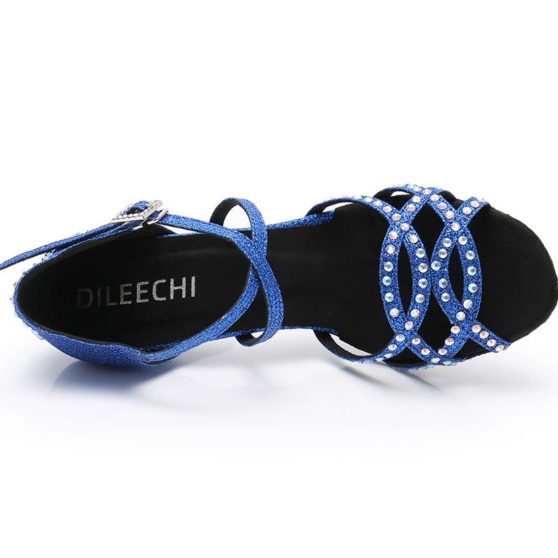 Women's Blue Rhinestone Satin Customized Heel Latin Dance Shoes