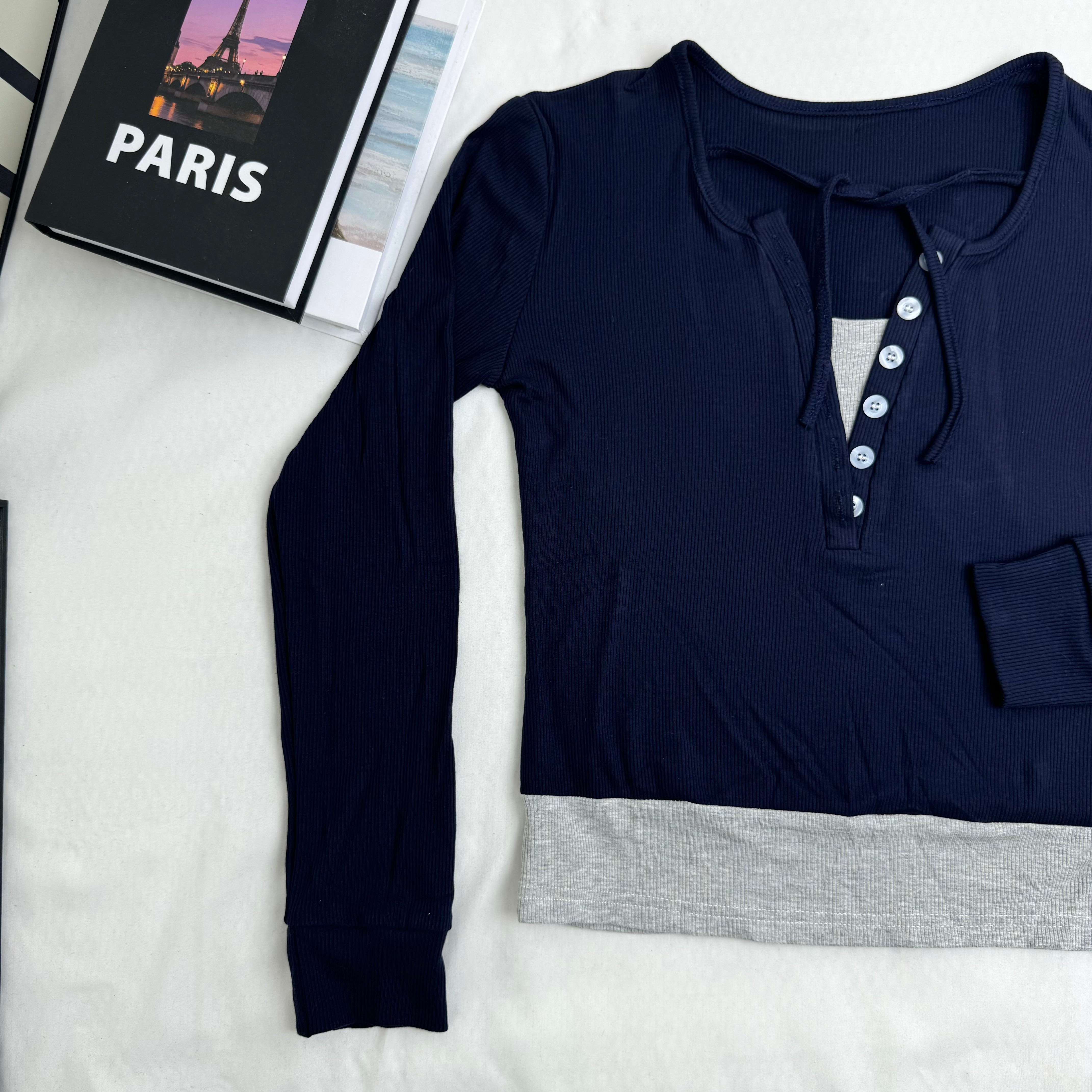 Color-Blocked Faux Two-Piece Long-Sleeved Top