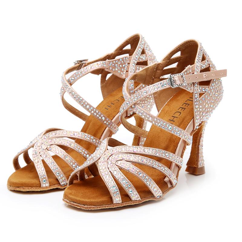 Women's Pink Strappy Satin Rhinestones Customized Heel Dance Shoes