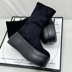 Thick-soled elastic black slim short boots