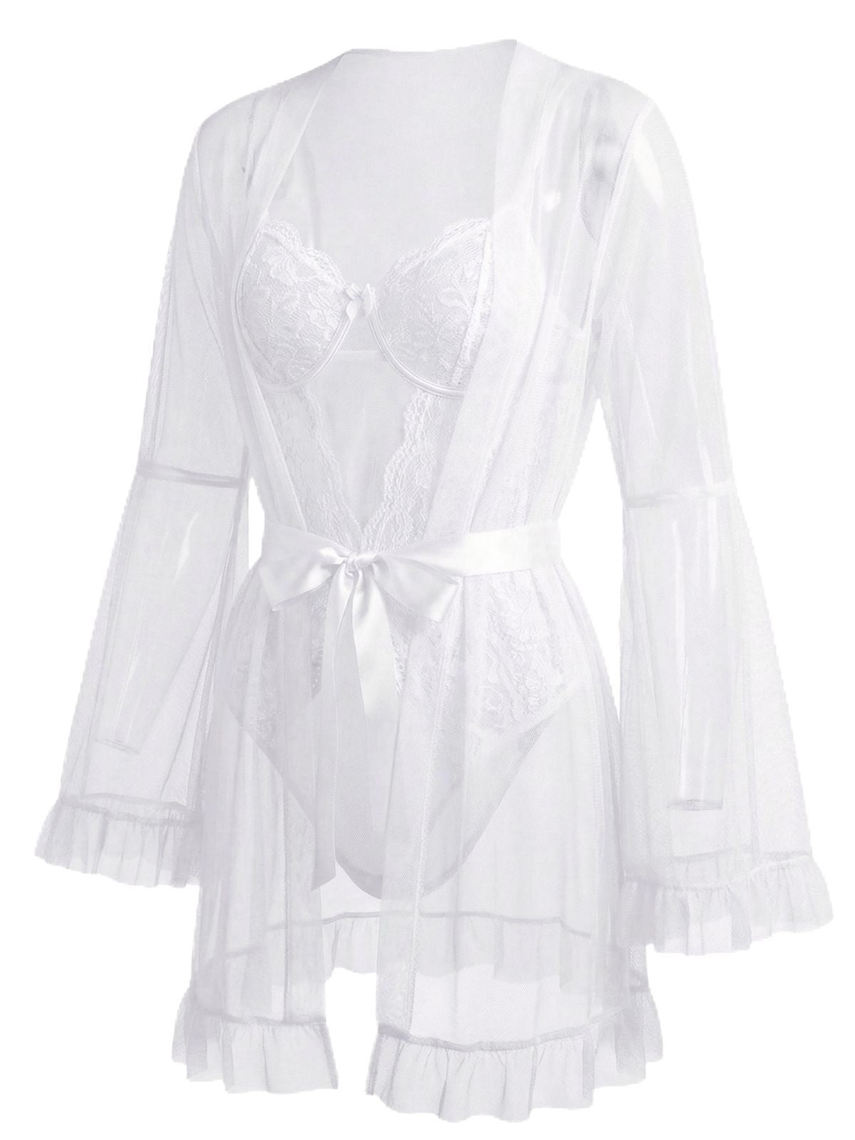 Red 1960s Solid Sheer Lace Patchwork Sleepwear Set