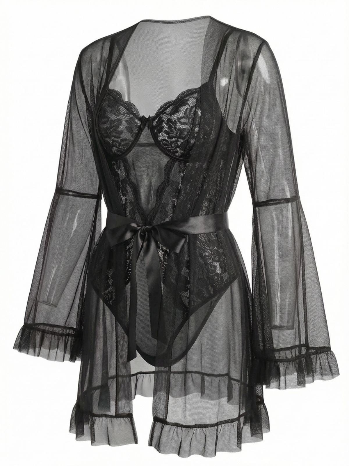 Red 1960s Solid Sheer Lace Patchwork Sleepwear Set