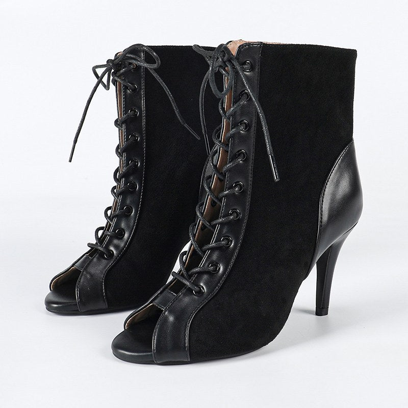 Women's Customized Heel Suede JazShoes Rubber Sole Open Toe Cut Out Bootie Dance Boots