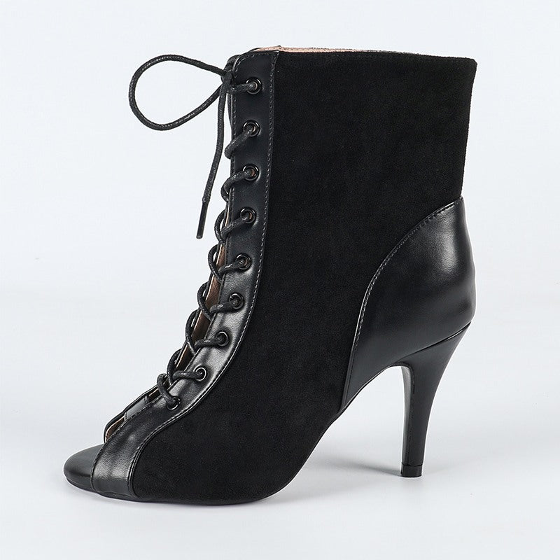 Women's Customized Heel Suede JazShoes Rubber Sole Open Toe Cut Out Bootie Dance Boots