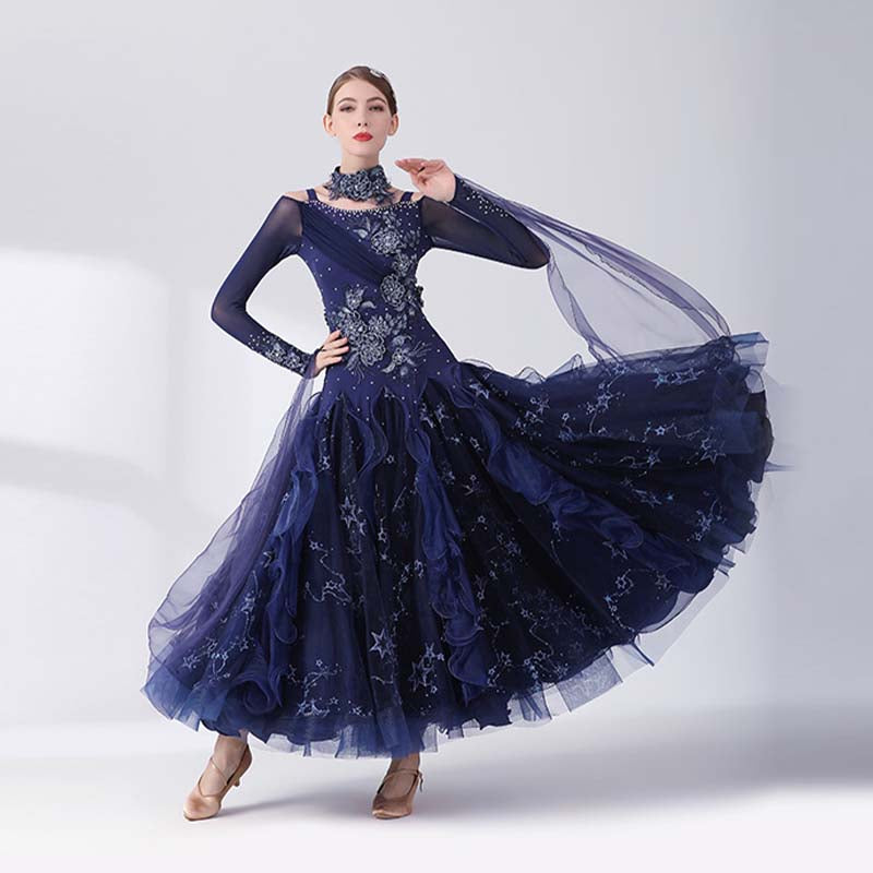 Women's Long Sleeve Navy Blue Lace Diamond WaltBallroom Dance Competition Modern Dance Large Swing Dress