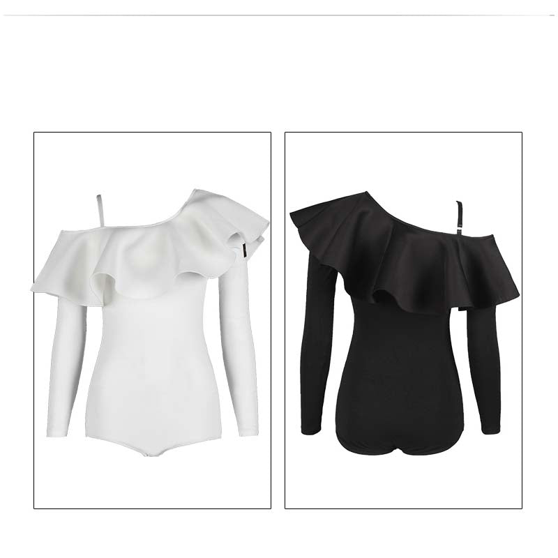 Ruffled Sloping Shoulder Dance Wear Bodysuit Training Performance Tops