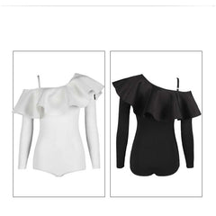Ruffled Sloping Shoulder Dance Wear Bodysuit Training Performance Tops