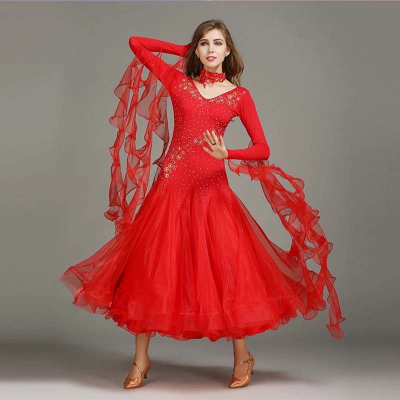 Women's Long Sleeve WaltModern Ballroom Dance Dress Competition Dresses