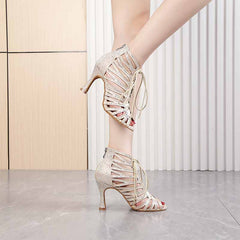Women's Satin Beige Rhinestone Customized Heels Dance Boots Salsa Dance Shoes