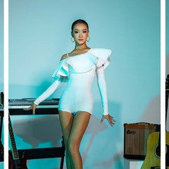 Ruffled Sloping Shoulder Dance Wear Bodysuit Training Performance Tops