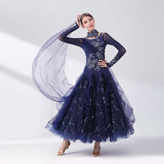 Women's Long Sleeve Navy Blue Lace Diamond WaltBallroom Dance Competition Modern Dance Large Swing Dress