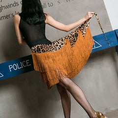 Women's Brown Leopard Print One-piece Tassel Latin Dance Srt Hip Scarf Dancewear Training Srt