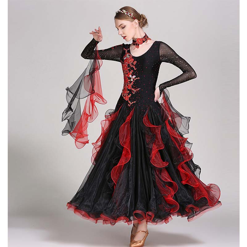Women's Long Sleeve Lace Diamond WaltBallroom Dance Competition Modern Dance Large Swing Dress