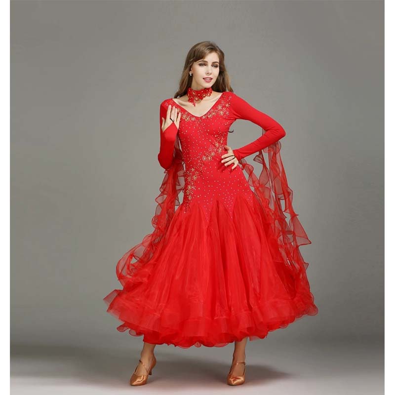 Women's Long Sleeve WaltModern Ballroom Dance Dress Competition Dresses