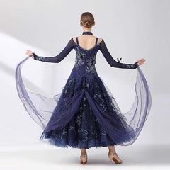 Women's Long Sleeve Navy Blue Lace Diamond WaltBallroom Dance Competition Modern Dance Large Swing Dress