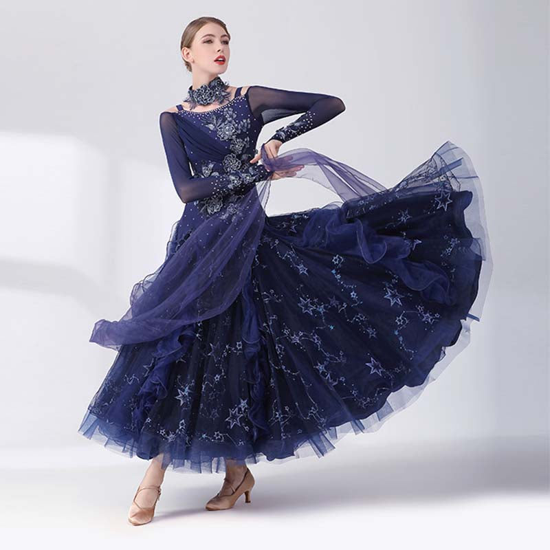 Women's Long Sleeve Navy Blue Lace Diamond WaltBallroom Dance Competition Modern Dance Large Swing Dress