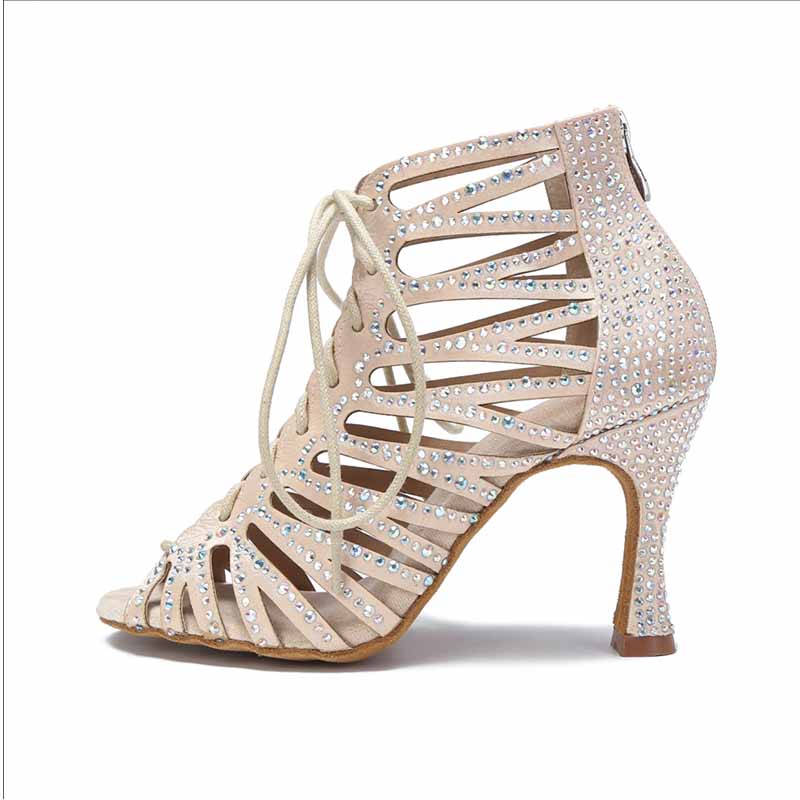 Women's Satin Beige Rhinestone Customized Heels Dance Boots Salsa Dance Shoes