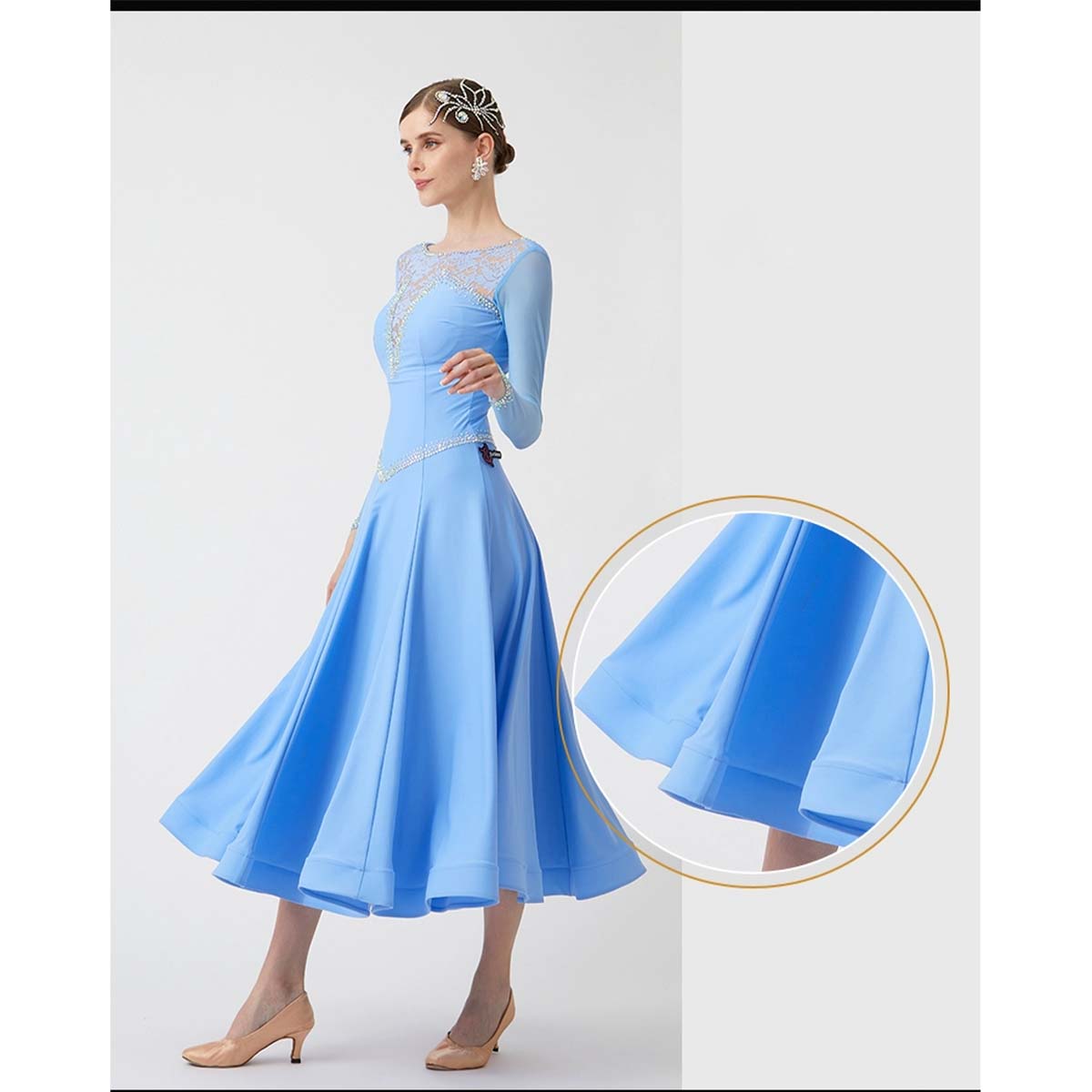 YUN Customisable-Women's Long Sleeve Sky Blue Dance Costume Dress For Ballroom Dancing standard/Smooth Dress