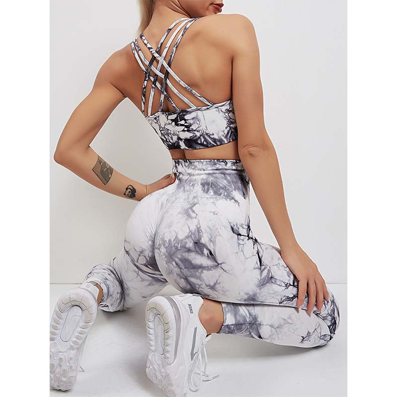 Women's Tie-dye Stretch Yoga Suit Sports Running Fitness Set Knitted Fitness