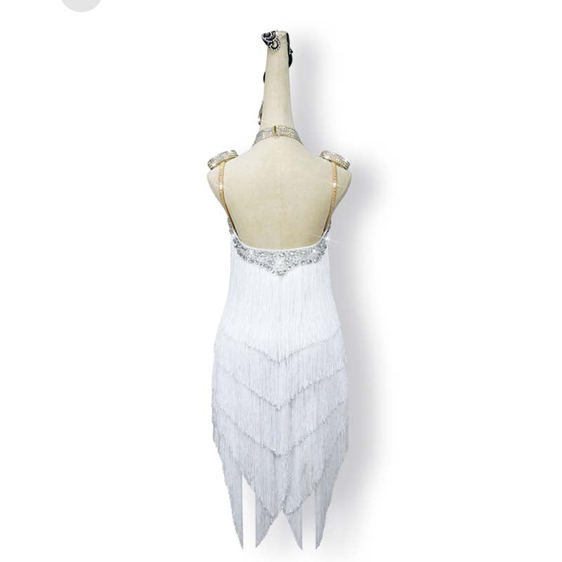 Customisable-Women's White Tassel Latin Dance Dress Professional Dance Stage Performance Wear