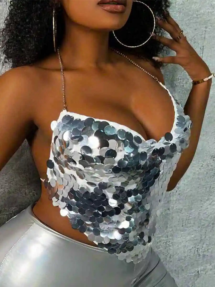 V-neck Backless Silver Sparkly Sequin Halter Neck Top