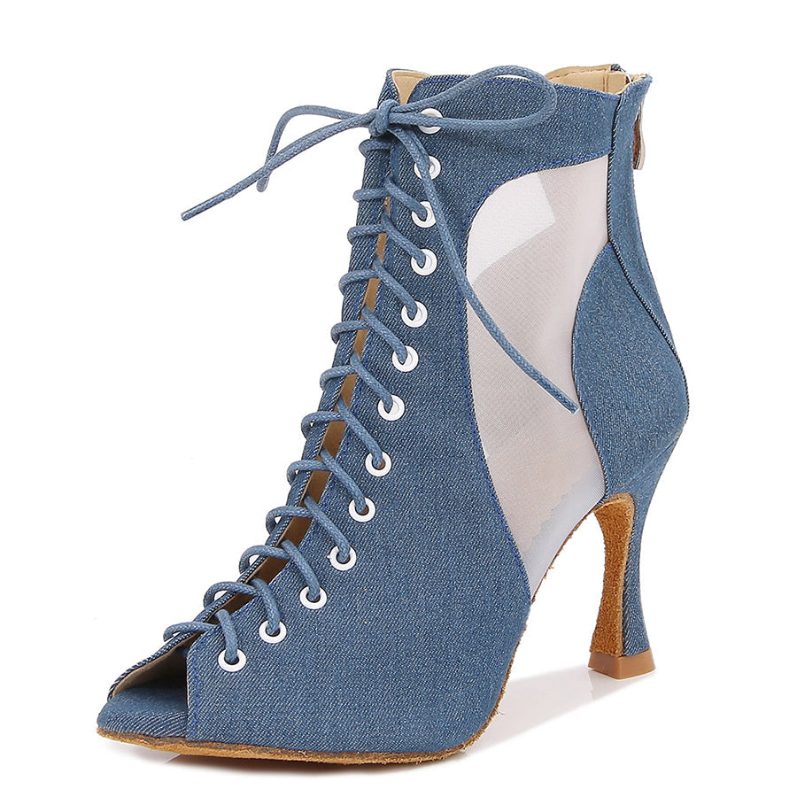 Women's Blue Customized Heel Denim JazShoes Dance Heels Boots
