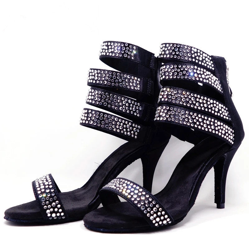 Women's Satin Black Rhinestone Customized Heels Dance Boots Salsa Dance Shoes