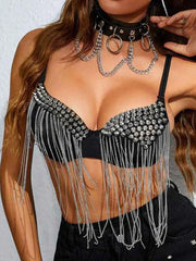 Women's Black Corset Gothic Rhinestone Fringe Corset Top