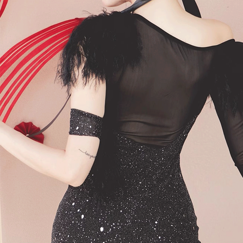 YJFY Women's Black Latin Dance Dress Dance Wear Training Performance Dress