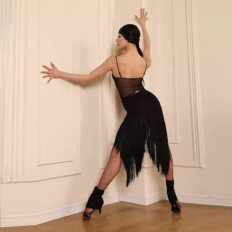 Women's Black Tassel Latin Dance Srt Training Performance Srts Dance Wear