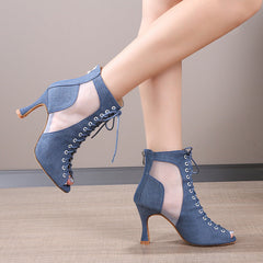 Women's Blue Customized Heel Denim JazShoes Dance Heels Boots