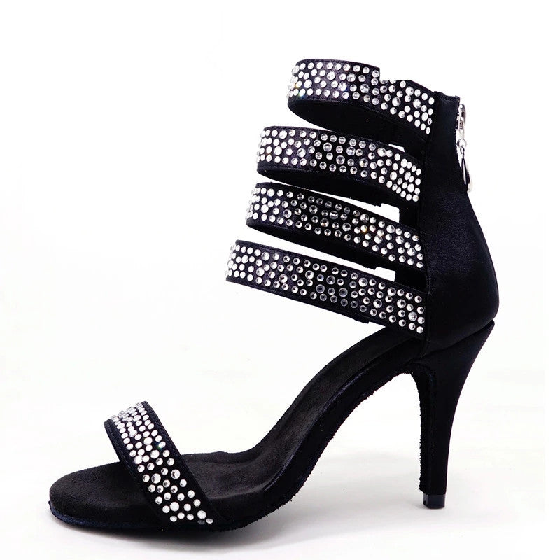 Women's Satin Black Rhinestone Customized Heels Dance Boots Salsa Dance Shoes