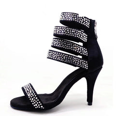 Women's Satin Black Rhinestone Customized Heels Dance Boots Salsa Dance Shoes