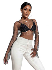 V-Neck Long Sleeve Sheer Short Rhinestone Mesh Shirt