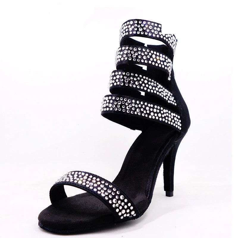 Women's Satin Black Rhinestone Customized Heels Dance Boots Salsa Dance Shoes