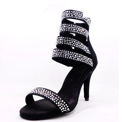 Women's Satin Black Rhinestone Customized Heels Dance Boots Salsa Dance Shoes