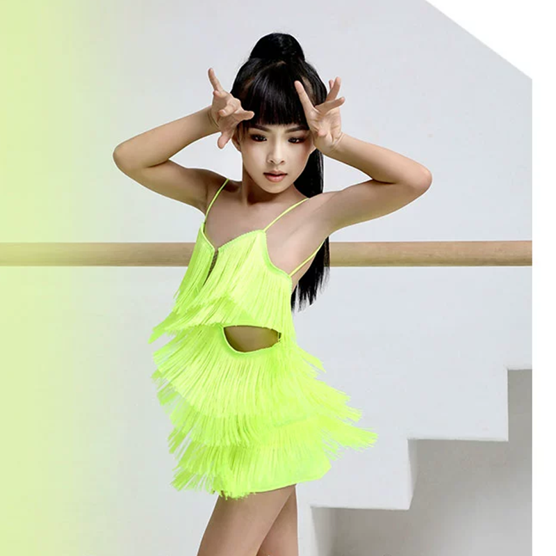 Girls Polyester Spaghetti Strap Tassel Latin Dance Dress Dance Wear