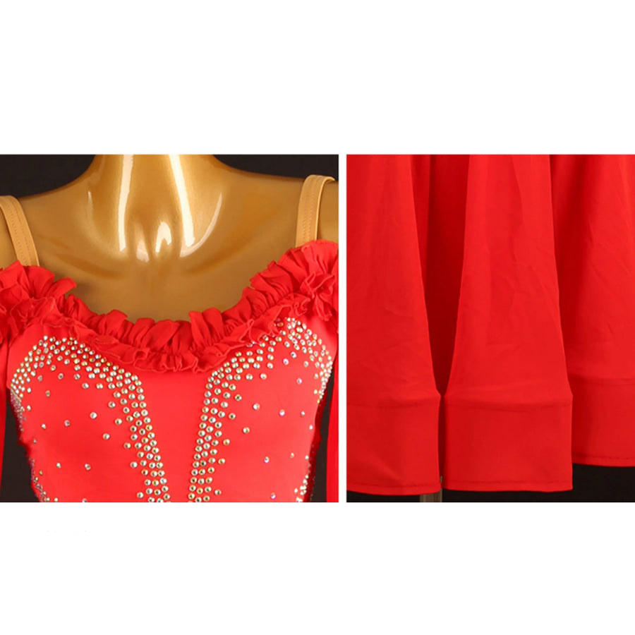 Customisable-Women's Red Long Sleeve DanceWear Ballroom Dance Dress