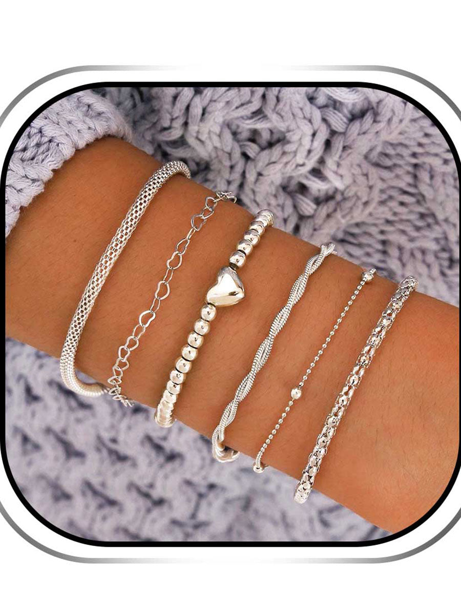 Layered Beaded Silver Heart Bracelet Set (6 Pieces)
