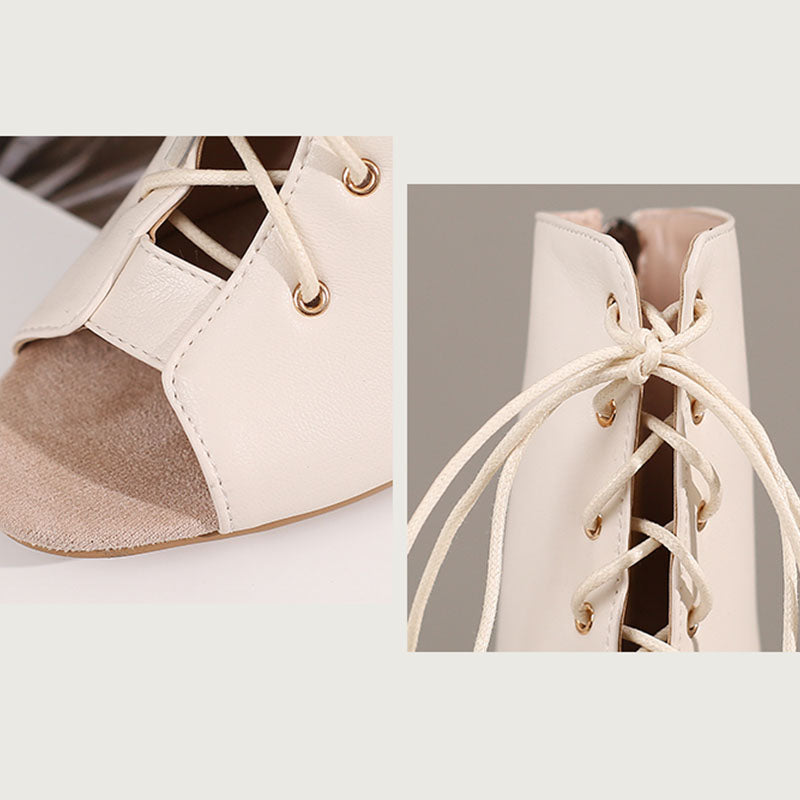 Women's Beige 7cm Slim Heel Rubber Sole Leatherette JazShoes Lace-up Dance Heels Boots