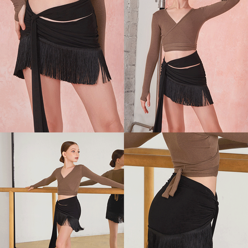 Girls Black Tassel Swing Dance Srts Practice Dancewear