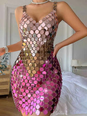 Pink Chainmail Dress - Pink Sparkle Mini Dress - Disco Gradient Sequin Dress