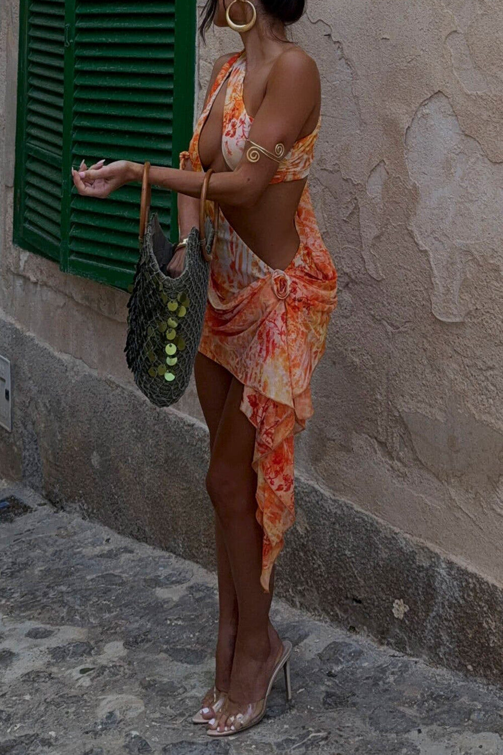 Pattern Print Cutout Ruffled Irregular Mini Dresses Orange