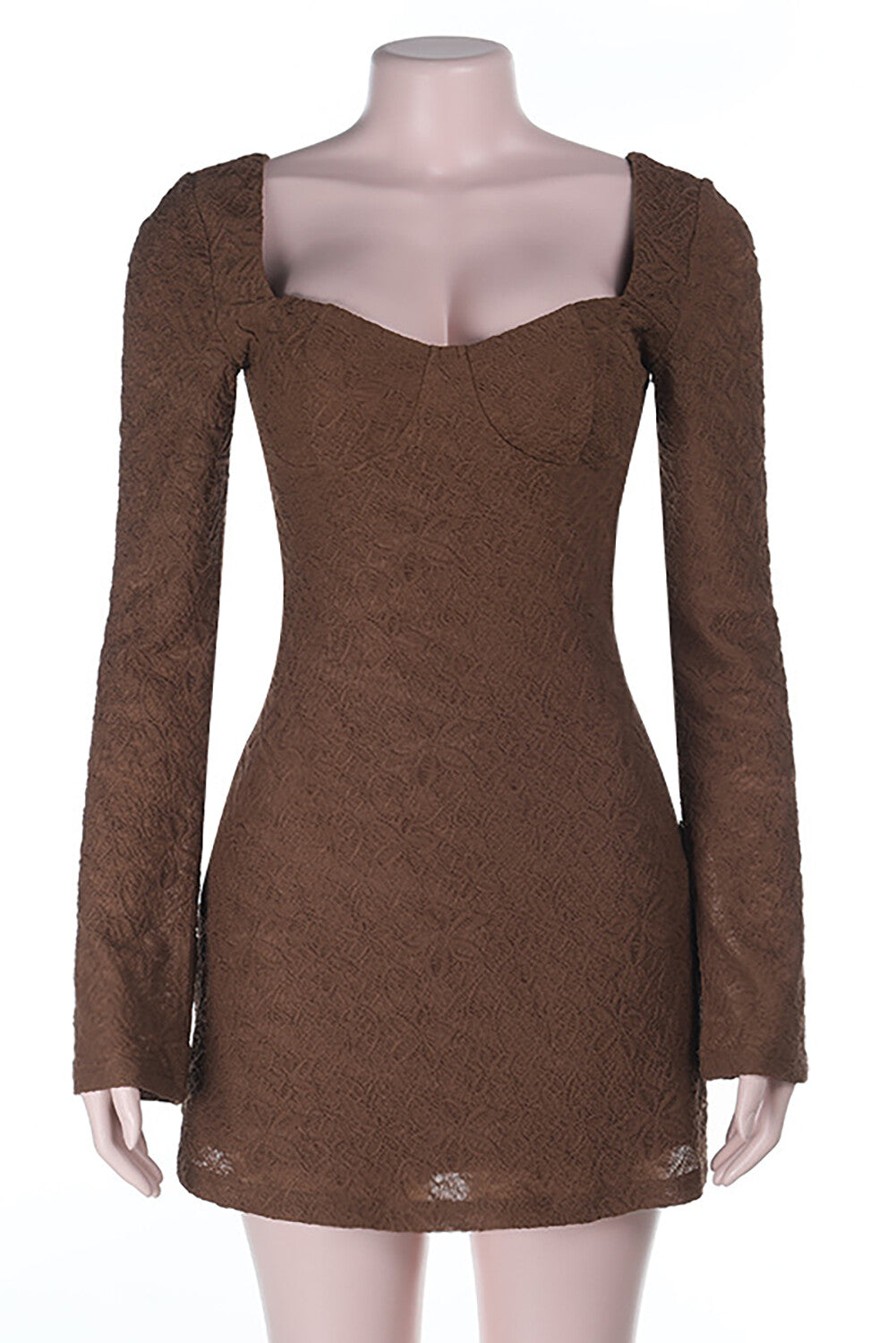 Irregular Neckline Long Sleeve Jacquard Lace Backless Mini Dresses-Brown