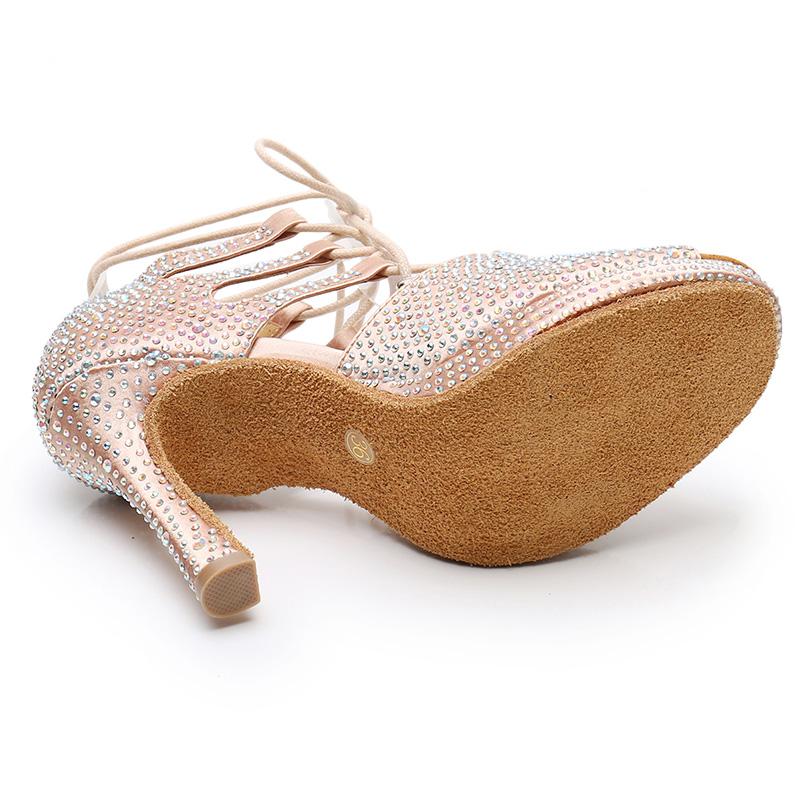 Women's Satin Customized Rhinestone Heels Dance Boots Salsa Dance Shoes