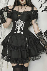 Cami Corset Off Shoulder Lace Ruffled Trim Mini Dresses 2pcs Set-Black