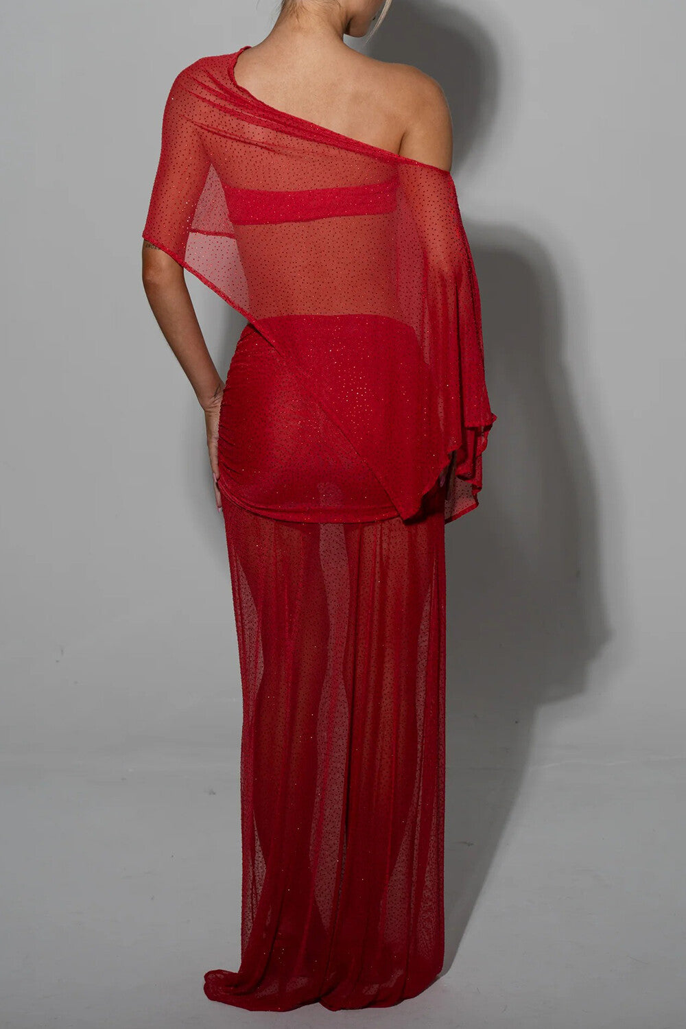 Off Shoulder Irregular Top Fitted See Through Maxi Skirt Set-Red Pre Order