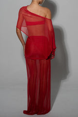 Off Shoulder Irregular Top Fitted See Through Maxi Skirt Set-Red Pre Order